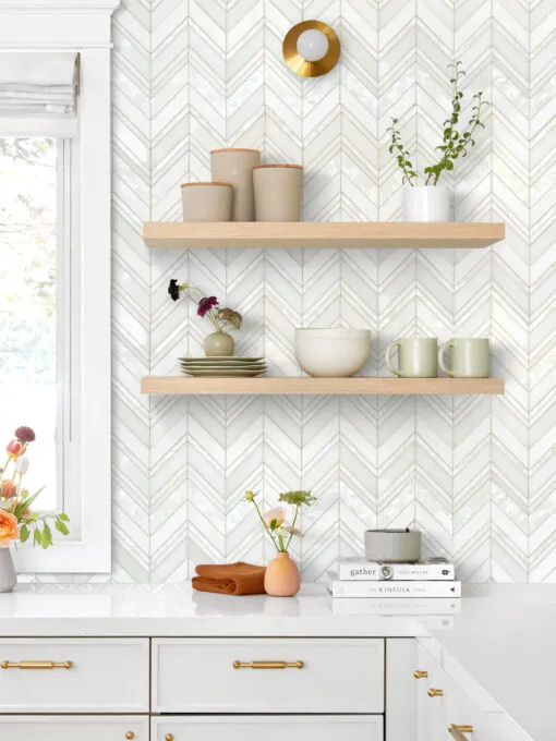 White Countertop with Chevron Pearl Marble Backsplash Tile BA8030