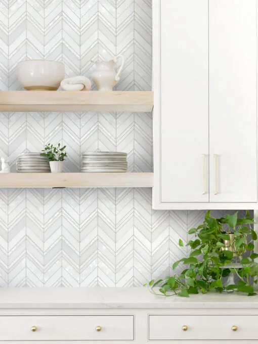 White Countertop with Chevron Pearl Marble Backsplash Tile BA8030