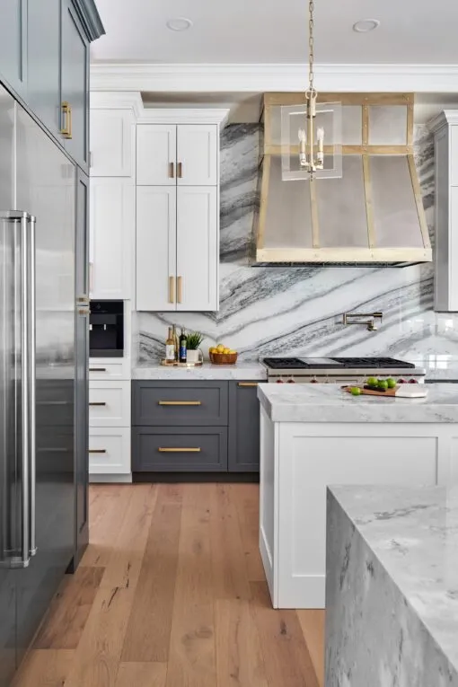Transitional Kitchen with Marble Backsplash and Stainless Steel Range Hood
