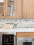 Brown Cabinet with Multi Color Marble Backsplash Tile BA6330