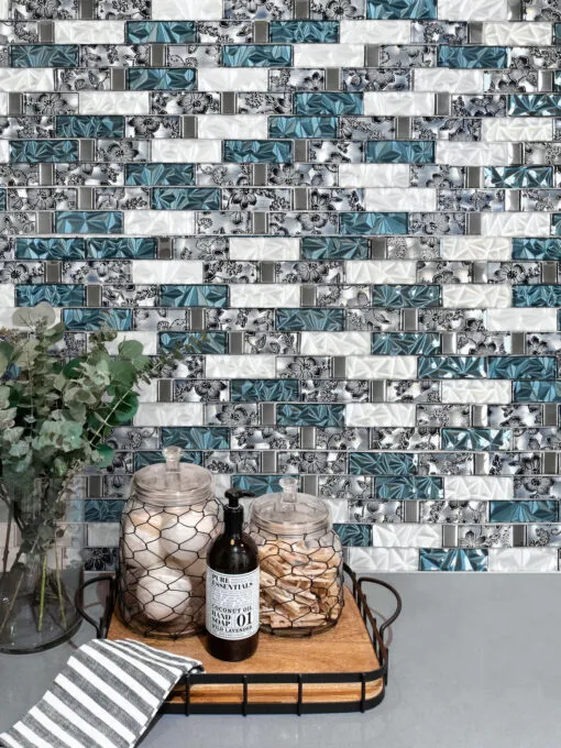 Gray Quartz Blue White Subway Glass Backsplash Tile BA8011