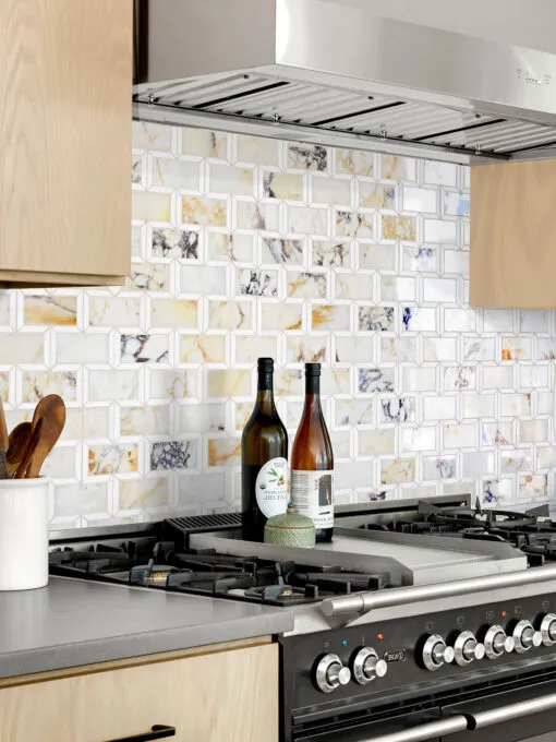 Multi Color Marble Backsplash Tile with Brown Cabinet BA6330