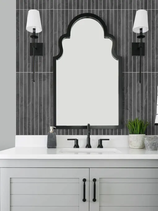 Gray Bathroom Vanity with Black Modern Backsplash Tile BA1081