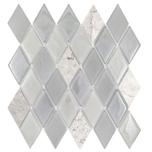 Gray Glass and Marble Rhomboid Design Backsplash Tile