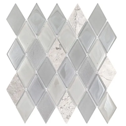 Gray Glass and Marble Rhomboid Design Backsplash Tile