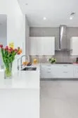 Modern White Cabinets Quartz Countertop Long Gray Modern Backsplash Tile BA1038