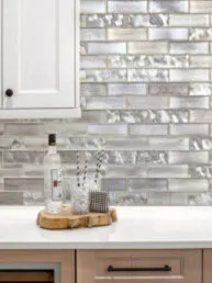 Brown Cabinet with Space Brown Subway Glass Backsplash Tile