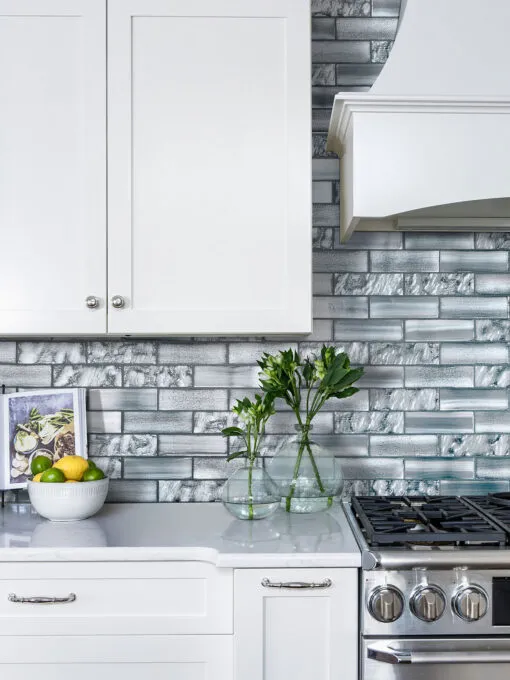 White Cabinet with Space Blue Subway Glass Backsplash Tile