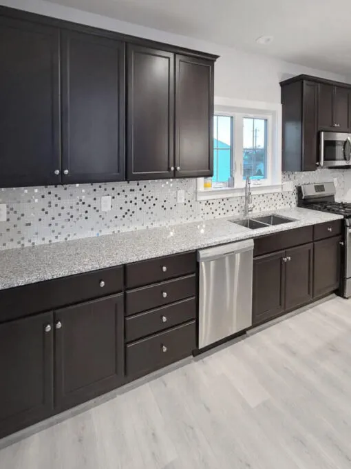 luna pearl granite countertop brown cabinet backsplash tile BA1183