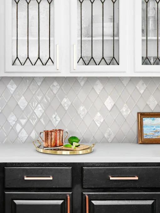 Brown Cabinet with White Glass Shell Diamond Tile BA6706