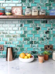 Countertop with Green Unique Glass Subway Beveled Glass Backsplash Tile BA8013