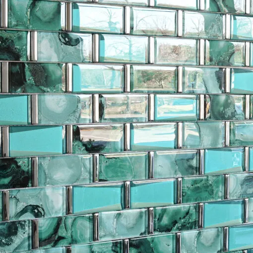Green Unique Glass Subway Beveled Glass Backsplash Tile 9 BA8013