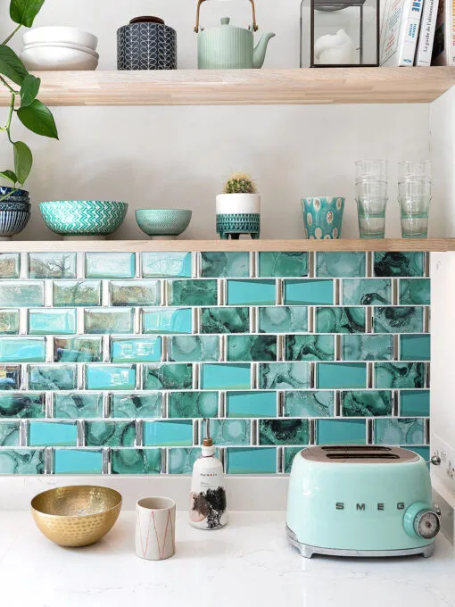 White Kitchen Countertop Green Unique Glass Subway Beveled Glass Backsplash Tile BA8013