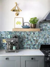 Gray Cabinet Green Glass Metal Hexagon Backsplash Tile BA6203