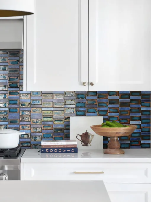 White Cabinet Blue Rustic Glass Backsplash Tile BA6204