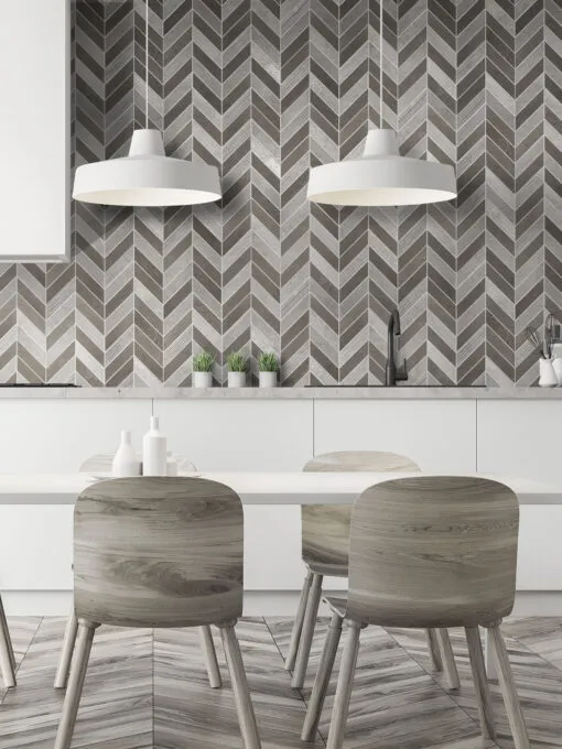 Gray Brown modern limestone chevron mosaic backsplash tile white cabinet BA631611