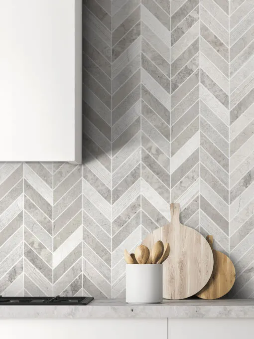 Gray modern limestone chevron mosaic backsplash tile white cabinet countertop BA631612