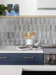 Blue Cabinets with Modern Gray Metallic Backsplash Tile BA6205