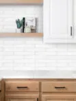 Brown Kitchen Cabinet with Milky White Glass Subway Backsplash Tile BA6707