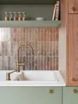Green Cabinets with Modern Rose Gold Metallic Backsplash Tile BA6206