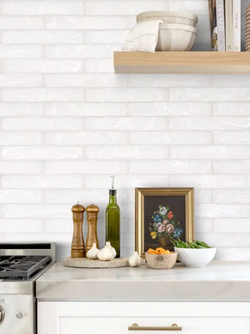 Beige Countertop with Milky White Glass Subway Backsplash Tile BA6707