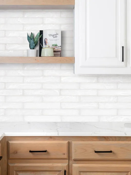 Brown Kitchen Cabinet with Milky White Glass Subway Backsplash Tile BA6707