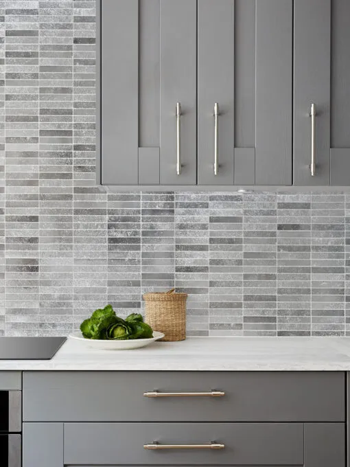 Gray Kitchen Cabinet with Modern Gray Metallic Backsplash Tile BA6205