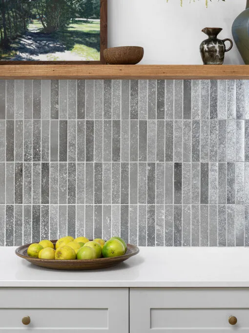 Light Gray Cabinet with Modern Gray Metallic Backsplash Tile BA6205
