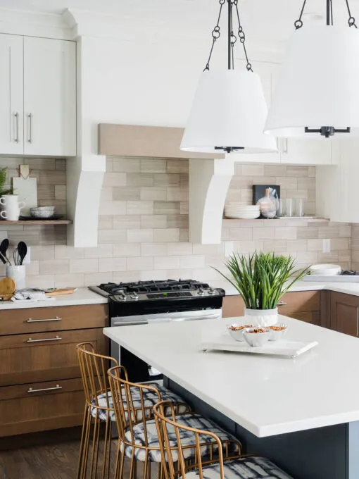 White Quartz Countertop With Warm Gray Marble Subway Backsplash Tile BA2007