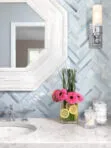 Marble Bathroom Vanity Blue Glass Large Herringbone Mosaic Backsplash Tile BA5507