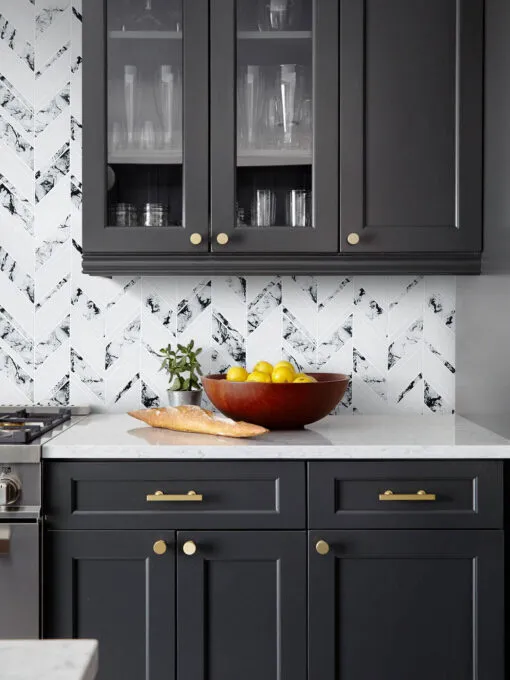 Black Cabinet Countertop White Chevron Marble Look Glass Mosaic Tile