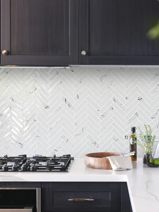 Black Cabinet White Glass Herringbone Marble Look Mosaic Backsplash Tile BA5503