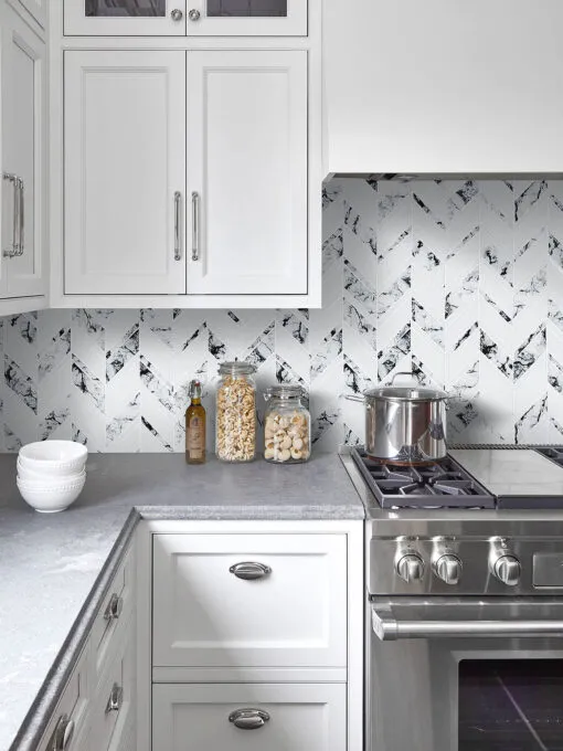 Gray Countertop White Cabinet White Chevron Marble Look Glass Mosaic Tile