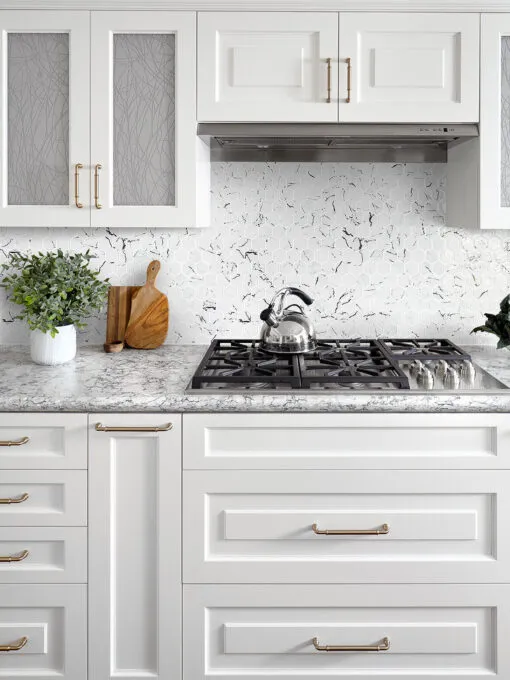 Gray Countertop White Cabinet White Hexagon Glass Backsplash Tile BA5509