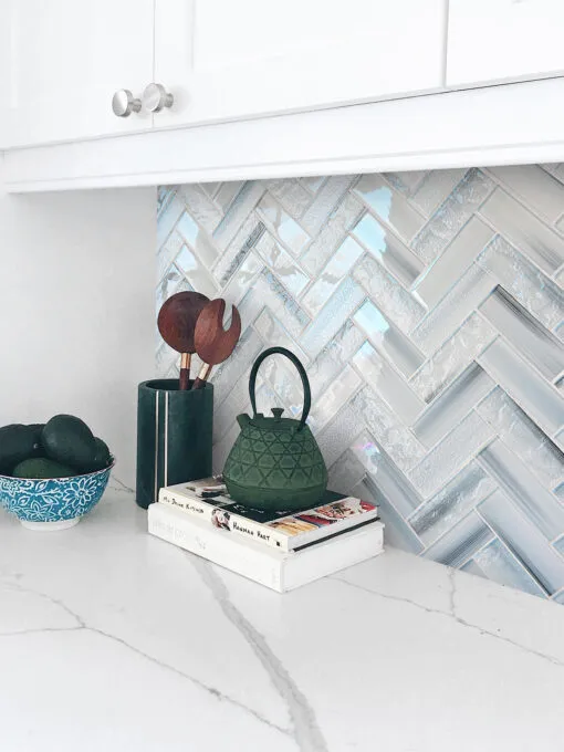 Quartz Countertop Blue Glass Herringbone Backsplash Tile BA5507