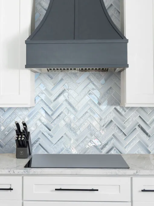 White Cabinet Blue Glass Herringbone Backsplash Tile BA5507