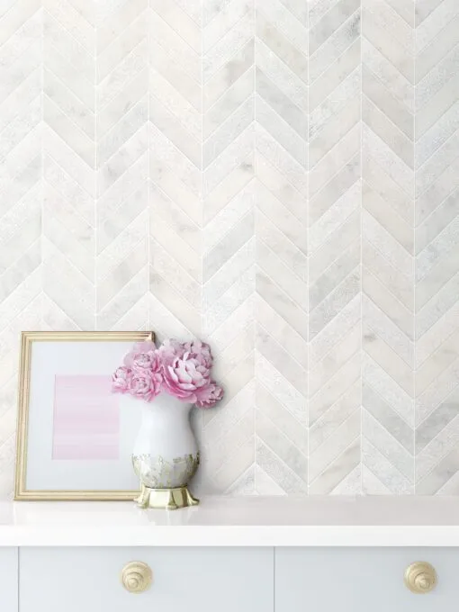 White modern marble chevron mosaic backsplash tile BA631613