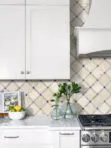 White Countertop with Light Travertine Tile Blue Glass BA1029