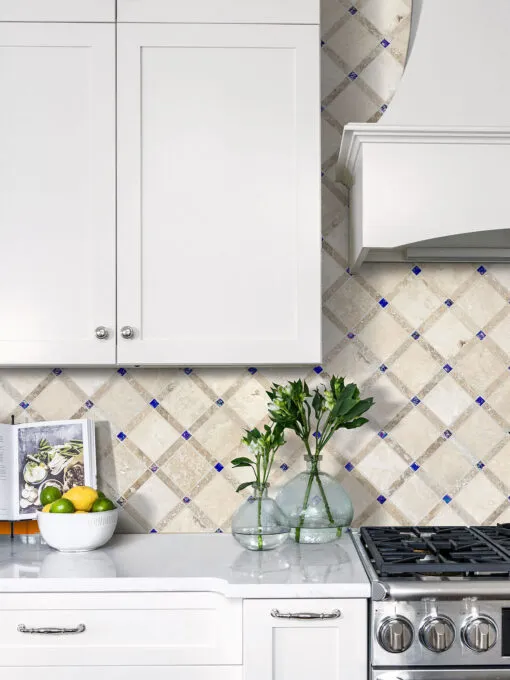White Countertop with Light Travertine Tile Blue Glass BA1029