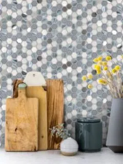 Blue Backsplash Tile Quartz White Countertop
