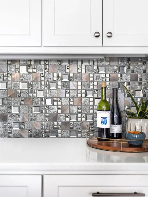 white kitchen with copper glass backsplash tile BA62010