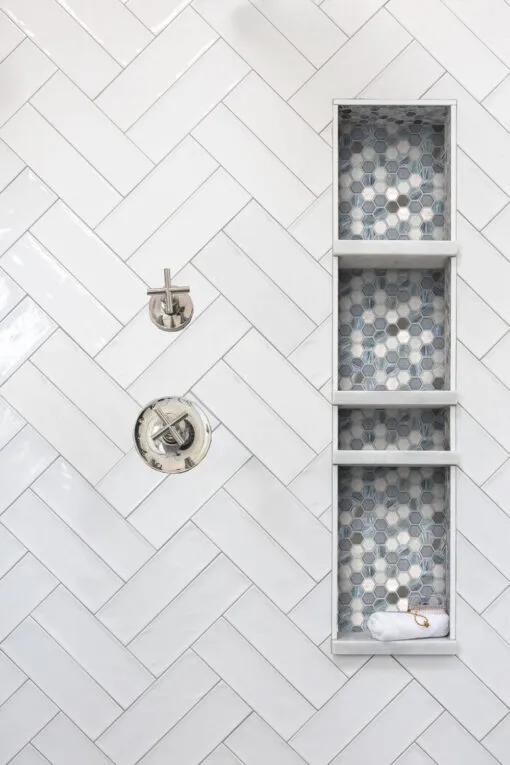 blue glass mosaic tile shower wall design
