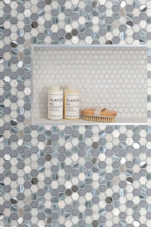 shower wall blue mosaic glass tile